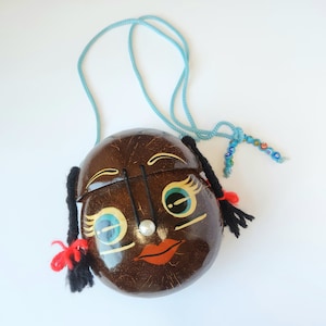 Vintage Tiki Real Coconut Shell Painted Girl Face Purse
