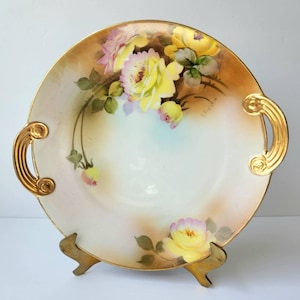 Beautifully Handpainted 1910&#39;s Nippon Handled Cookie Plate Yellow Roses Gilded Morimura Bros
