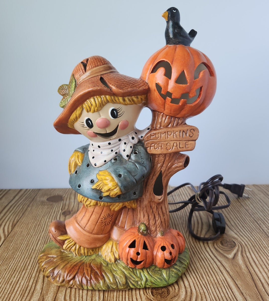 Adorable Scarecrow Jackolanterns Light up Ceramic Statue Etsy