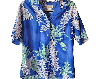 Camisa hawaiana auténtica Kahala vintage con estampado de flores de glicina, talla mediana, ropa de resort