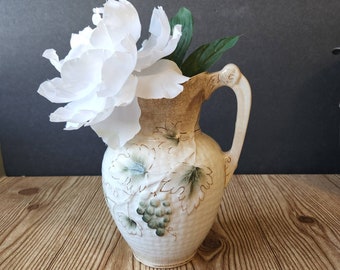 Shabby Chic Farmhouse Aged Antique Majolica Pitcher Grape Vine