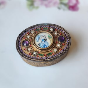 RARE 1800s Antique French Miniature Portrait & Jewel Enamel Gold Ormolu Powder Compact