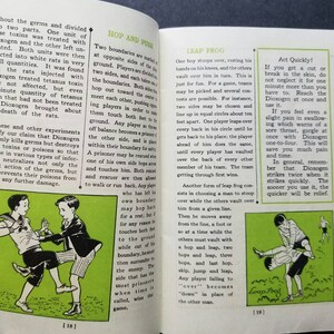 May include: A vintage children's book page with illustrations of kids playing games. The games are called "Hop and Push", "Leap Frog", and "Act Quickly". The text describes the rules of each game.