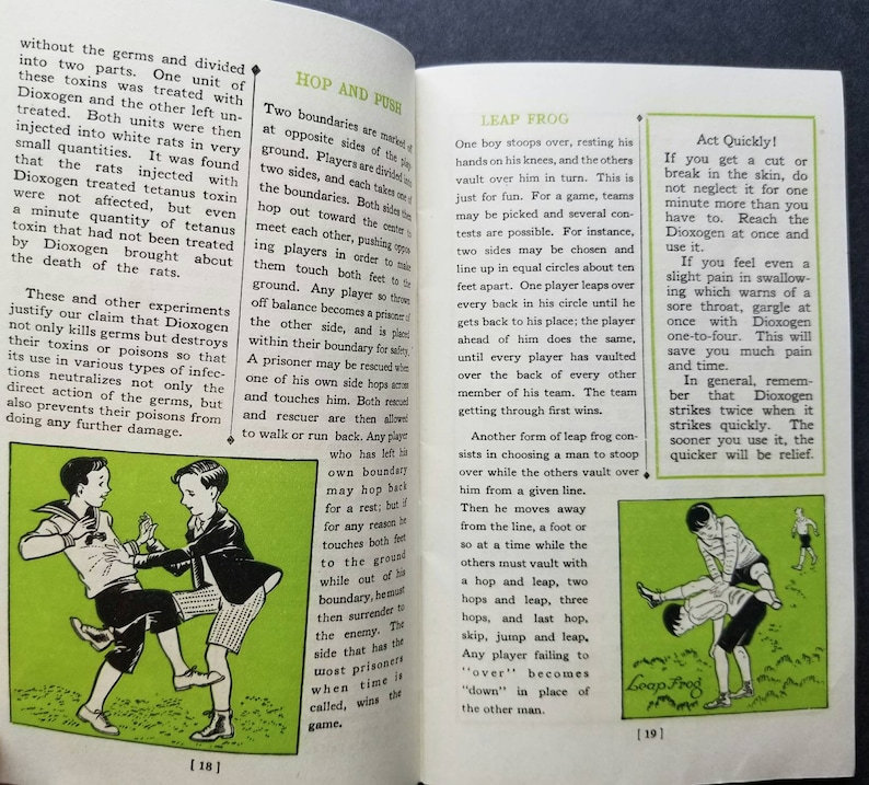 May include: A vintage children's book page with illustrations of kids playing games. The games are called "Hop and Push", "Leap Frog", and "Act Quickly". The text describes the rules of each game.