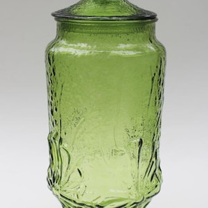 1970s Anchor Hocking Avocado Green Glass Daisy Rainflower Tall Kitchen Canister
