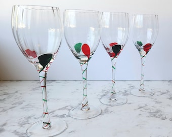 Green & Red Art Glass Swirl Twist Stem Wine Glass Set of 2 Vintage Pier 1