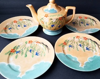 Juego de platos y tetera de porcelana Lustreware antiguo Art Déco pintado a mano Japón