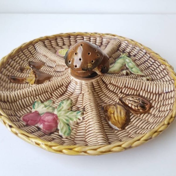 1970's Vintage Tilso Mushroom & Veggies Japan Majolica Snack/Hor d'oeuvres Divided Server