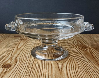 EAPG 1880s Antique Pressed Glass Handled Compote Footed Bowl Doyle & Co Two Band Pattern