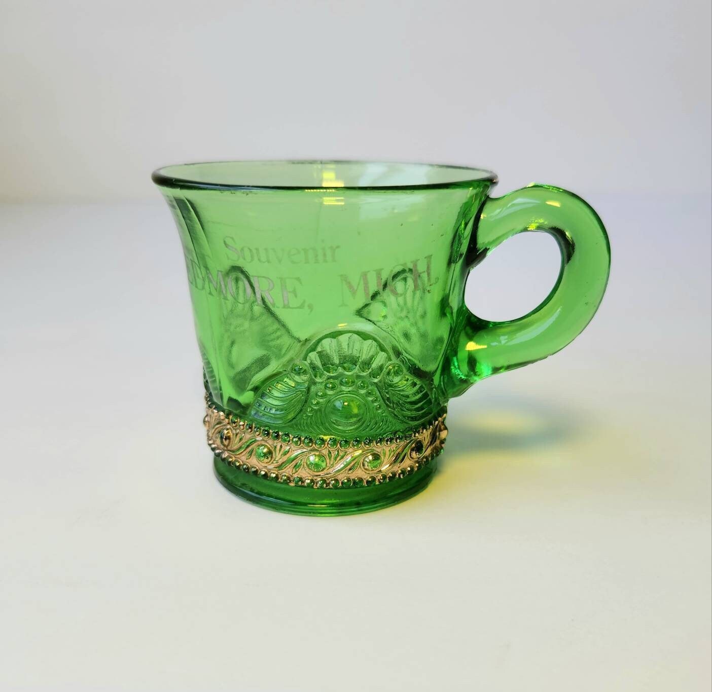 EAPG Emarald Green Jewel Lacy Medallion US Glass Souvenir Edmore Michigan