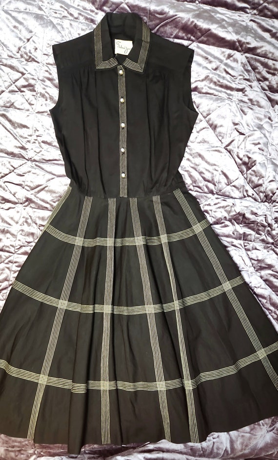 1950s Black Cotton Sock Hop Dress White Detailing… - image 3