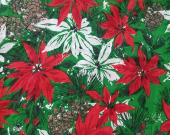 Strikingly vibrant Retro Christmas Fabric Pointsettia and Pinecone