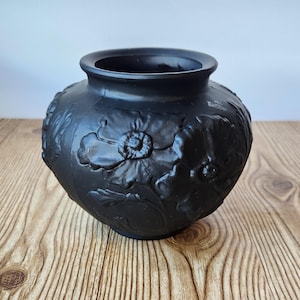 Antique c. 1920 Tiffin Black Amethyst Vase Raised Relief Satin Glass Poppies Floral Pattern