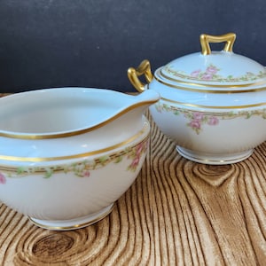 Beautiful 1896-1920 Antique Elite Works Limoges France Transferware Hand-Gilded Sugar Bowl & Creamer Set