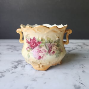 Antik bisque porslin, jugend, tidigt 1900-tal, öppen sockerskål, transferware, handtag