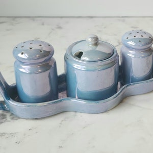 Puede incluir: Un juego de salero y pimentero de cerámica azul y blanco con un plato de condimento a juego. El juego está en una bandeja de cerámica azul y blanco con un asa.