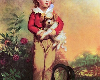 May include: A vintage art print featuring a child in a red jacket and tan pants, holding a small dog. The child stands near a hat on the ground, with a floral and landscape background. The print has the text "Artprints & Decor".