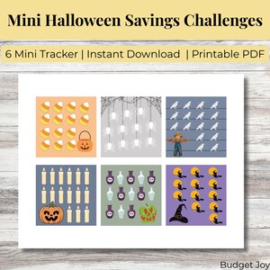 May include: A printable PDF sheet titled Mini Halloween Savings Challenges featuring six trackers. Designs include candy corn with a pumpkin bucket, hanging spiders, crows with a scarecrow, candles with a pumpkin, potion bottles with a poison apple, and witches on brooms with a hat.