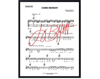 Replica di spartiti Come Monday autografata da Jimmy Buffett, cornice da 11 x 14 pollici inclusa