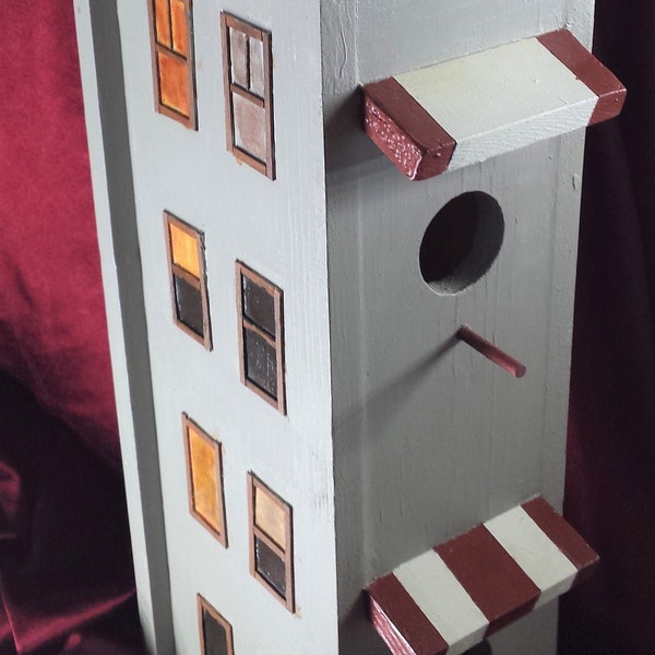 Urban Double Birdhouse w/Light Up Sign~Downtown City Condo/Apt w/Rooftop/Awnings/Bench~Gray/Red/White~ Home/Garden/Yard Decor~USA Vet Made