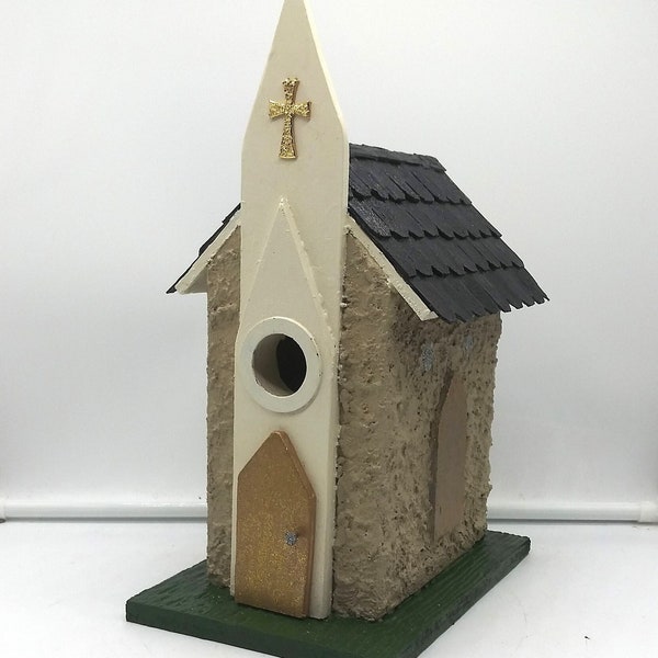 Vintage Church Birdhouse w/Stucco/Exterior Paint: Tan/White/Green Base~Easy Clean/Display~Predator Guard~Yard/Garden~American Veteran Made