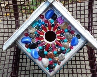 Beautiful Bead, Natural Stone and Abalone Shell Mosaic Handcrafted Functional Outdoor Art Birdhouse