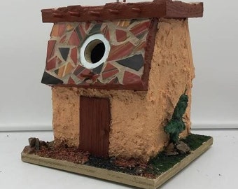 Southwest Birdhouse Adobe Style w/Stucco, Southwest Tile Roof & Rock Embellishments~Perfect Garden/Yard/Indoor Decor