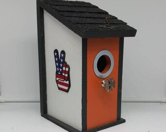 Motorcycle Rider Birdhouse w/American Flag Peace Symbol~Officially Licensed Harley Logo Sticker~Cross Perch~Easy Clean/Display~USA Vet Made