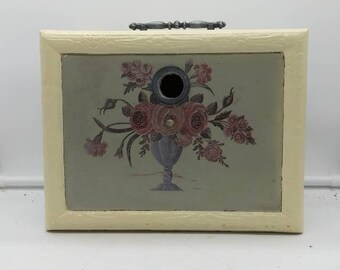 Upcycled Jewelry Box Birdhouse~Beige & Gray w/Flowers on Front~Yard/Garden~Easy Clean~Predator Guards~Yard/Garden