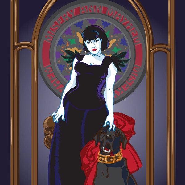 Hostess of Horror 10" x 20" Gothic Art Print, Dark Academia Aesthetic Decorative Poster of Digital Illustration Woman and Dog