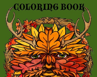 May include: A coloring book cover featuring a green, orange, and yellow illustration of a nature spirit with antlers, leaves, and berries. The title "A Pagan Coloring Book" is written in black letters.