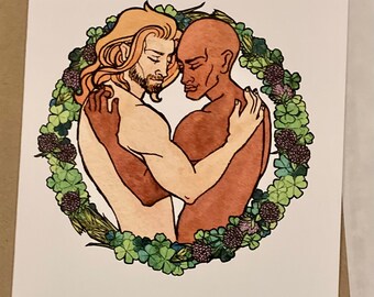 Gay Lovers Valentine Cards, Nature Themed Two Men Blank Watercolor Greeting Cards for Happy LGBTQ Couple, Pride Art Cards