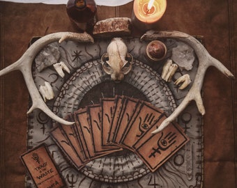 Op de afbeelding: Een tarotkaart-leesspreiding met verschillende kaarten die op een bruin oppervlak zijn gelegd. De kaarten zijn omringd door geweien, kristallen en een schedel. De tekst op de kaart luidt "Tarot of the Waste".