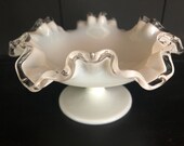 Fenton Silvercrest Milk Glass Ruffled Compote Dish. Milk Glass Pedestal Bowl. Wedding Decor