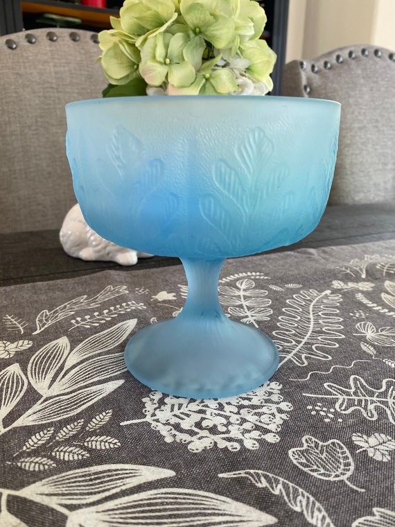 Vintage FTD Frosted Blue Glass Compote: Oak Leaf Pedestal Planter. - Etsy