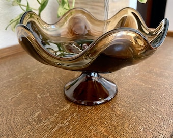Vintage Viking Art Glass Pedestal Bowl: Mid-Century Modern Brown Epic Line