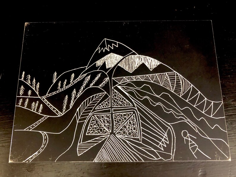 Scratchboard Art With Mountain Scene Signed by Artist Etsy