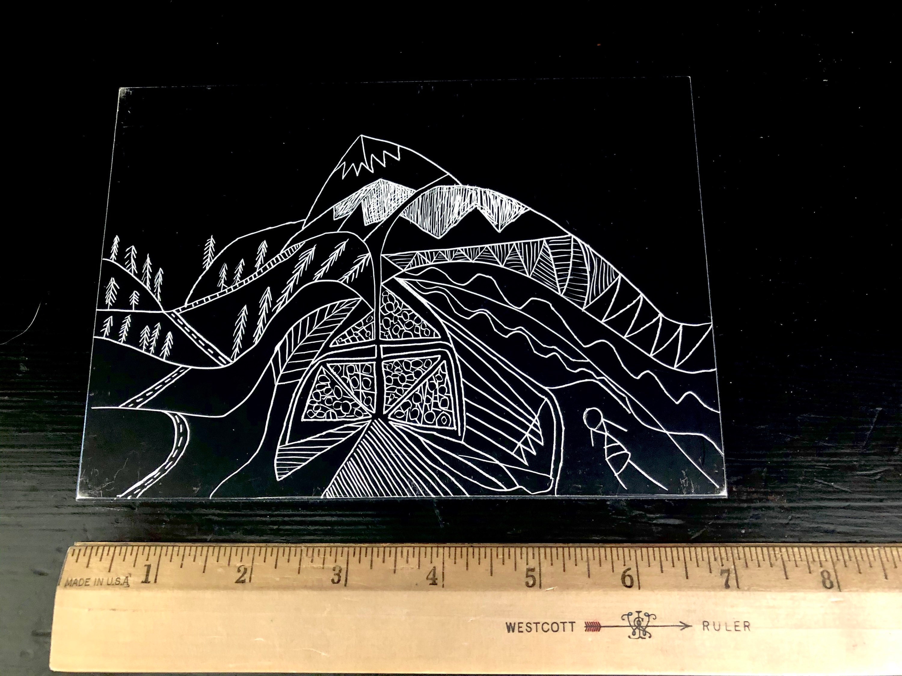 Scratchboard Art With Mountain Scene Signed by Artist Etsy