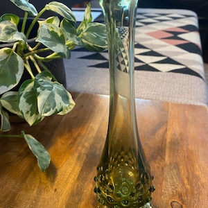Fenton Green Hobnail Swung Vase. Mid Century Modern Hobnail Avocado Green Glass Bud Vase