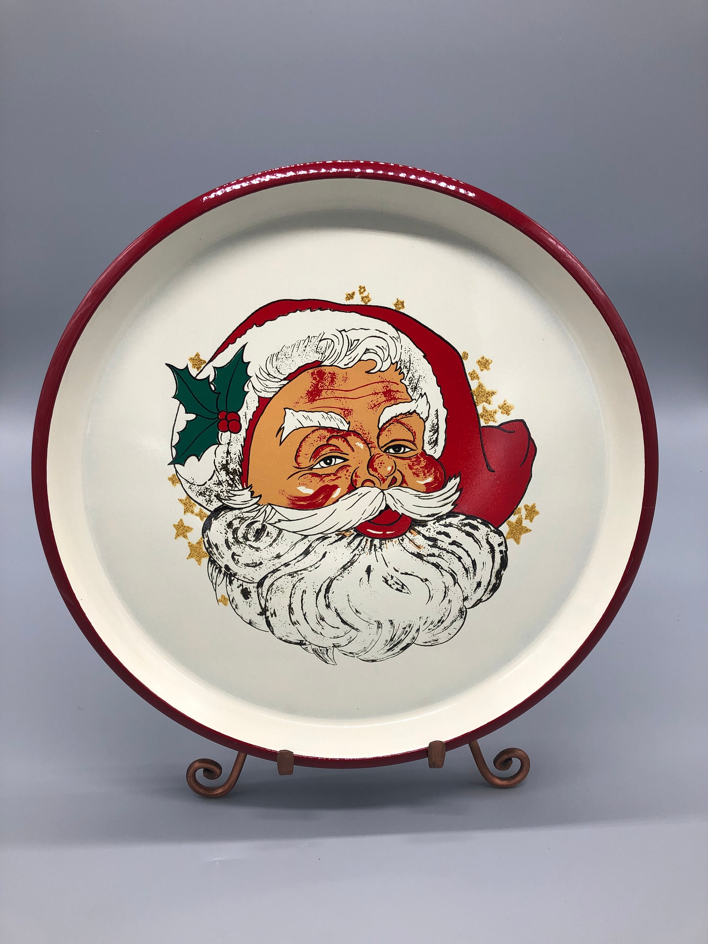 Santa Claus Serving Tray Vintage Melamine Round Christmas Platter Made in Japan