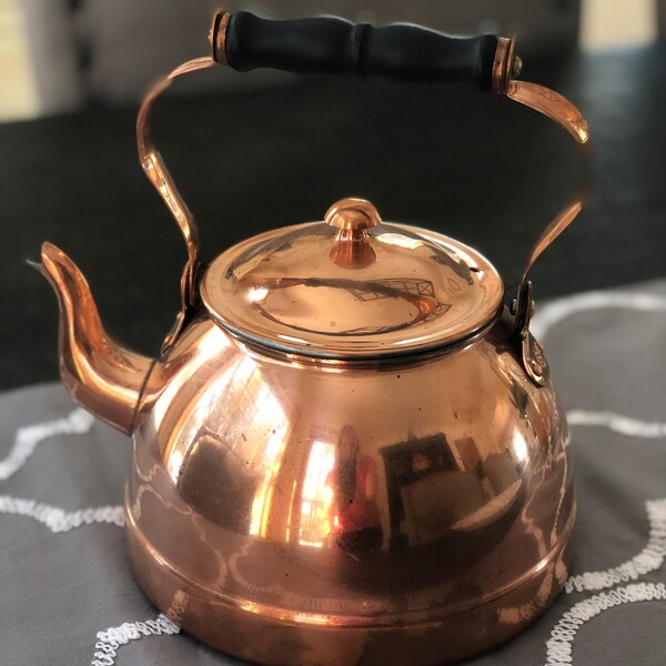 Vintage Copper Tea Kettle with Black Wood Handle. Vintage Copper Tea Kettle Made in Portugal