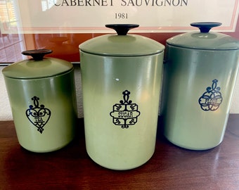 West Bend Green Ombre Aluminum Canister Set.  Mid Century Aluminum Canisters With Bakelite Lids. Tea Flour Sugar Canisters