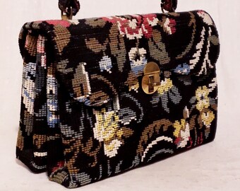 Vintage 1940's Mid-century Floral Tapestry Handbag