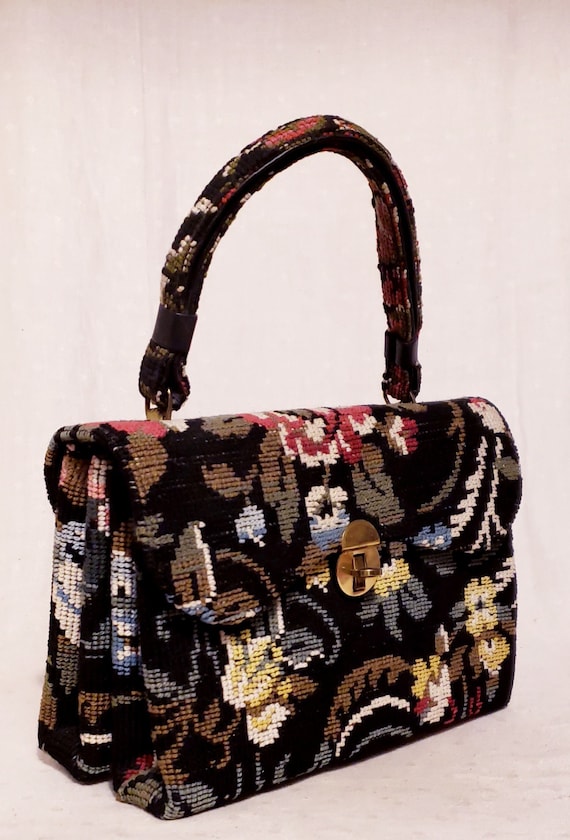 Vintage 1940's Mid-century Floral Tapestry Handbag