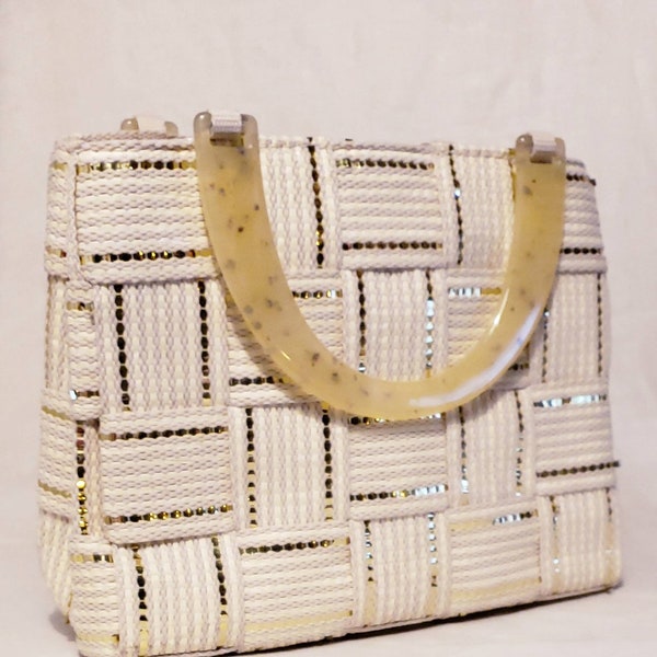 Vintage Woven Linen and Gold Threaded Handbag with Lucite Handles