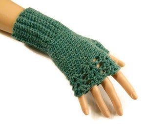 Seagreen Fingerless Gloves, Alpaca Crochet Gloves