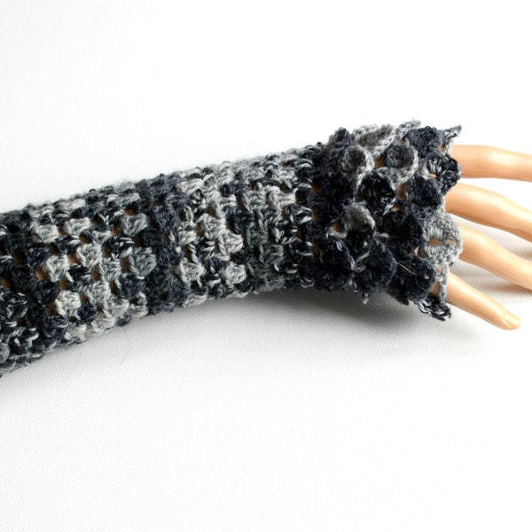 Long Fingerless Gloves, Dragon Scale Gloves, Crochet Armwarmers, Winter Gloves, Longer Length Gloves, Black and Grey Gloves