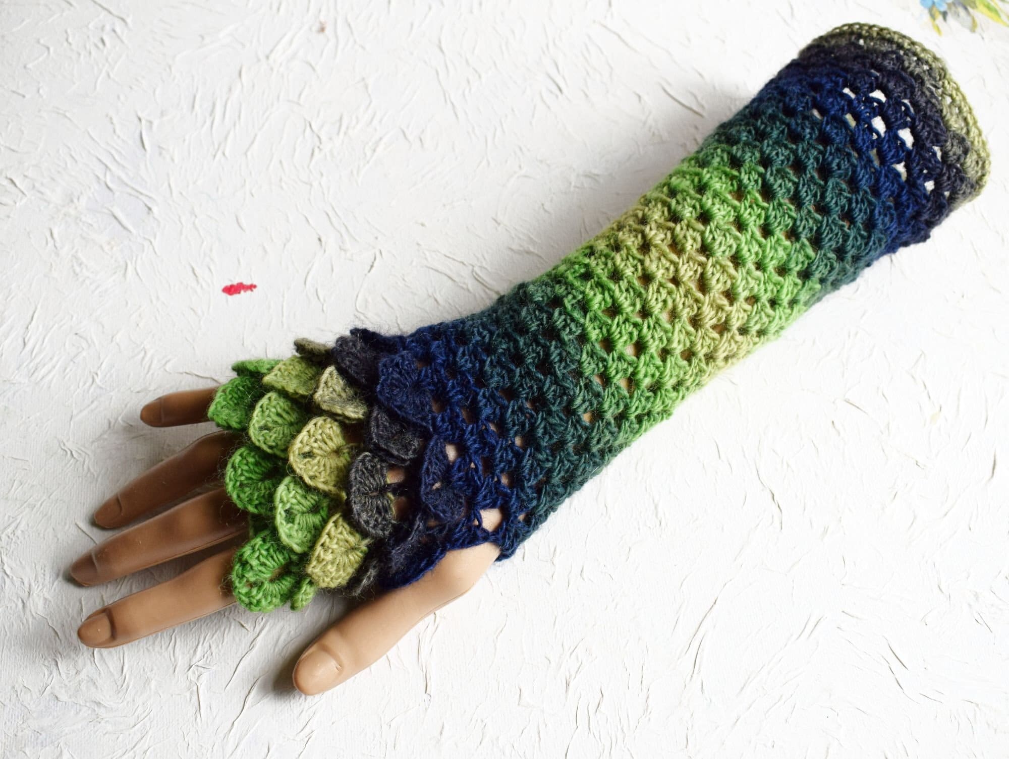 Wool Dragonscale Fingerless Gloves, Green Blue Wrist Warmers