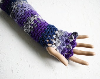 Long Purple, Grey and Navy Blue Fingerless Gloves, Dragonscale Gloves, Slow Fashion