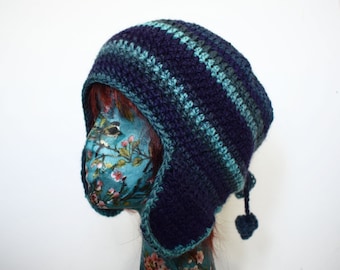 Wool Earflap Hat, Womens Trapper Hat, Peacock Colours